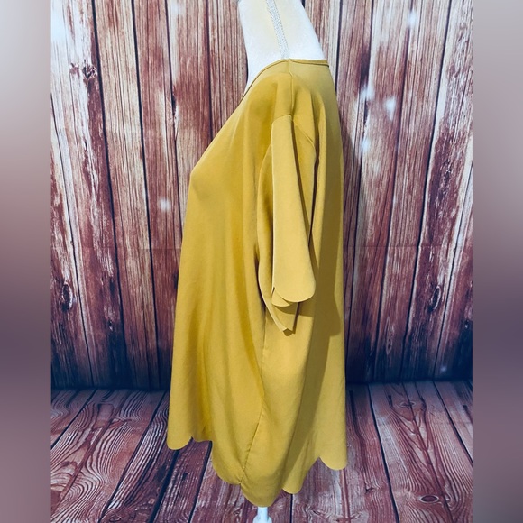Women’s 3X Blouse Tickled Teal Mustard Short Sleeves U Neck Silky Ruffle Trim - Picture 3 of 12